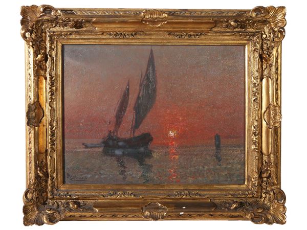 Beppe Ciardi : Marina al tramonto con barca a vela  - Asta Arte Moderna e Contemporanea - Maison Bibelot - Casa d'Aste Firenze - Milano
