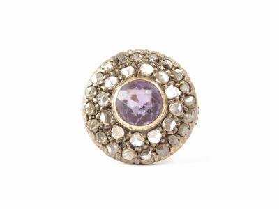 Anello in Oro a Basso Titolo e Argento con Diamanti e Quarzo Ametista
