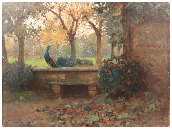 Vittorio Cavalleri - Scorcio di giardino con pavone, 1891