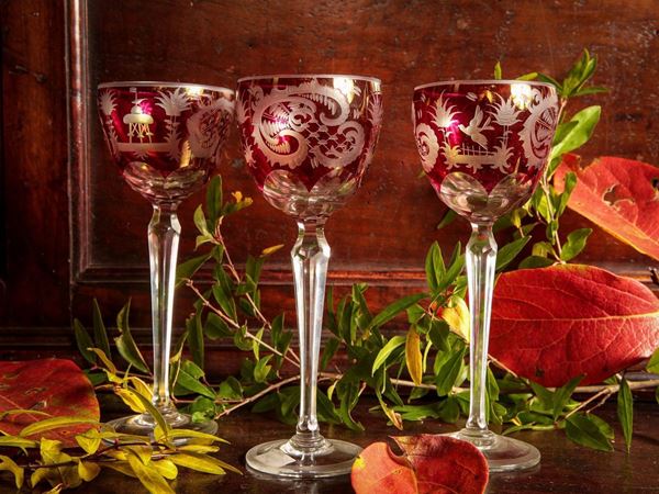 Set of twelve goblets in double Bohemian ruby crystal  - Auction Furniture and Paintings from the Gamberaia Castle in Florence - Maison Bibelot - Casa d'Aste Firenze - Milano