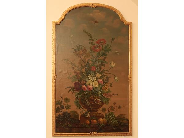 Scuola francese : Trionfo di fiori con frutta e farfalle  (XVIII/XIX secolo)  - Asta L'Arte di Arredare - Maison Bibelot - Casa d'Aste Firenze - Milano