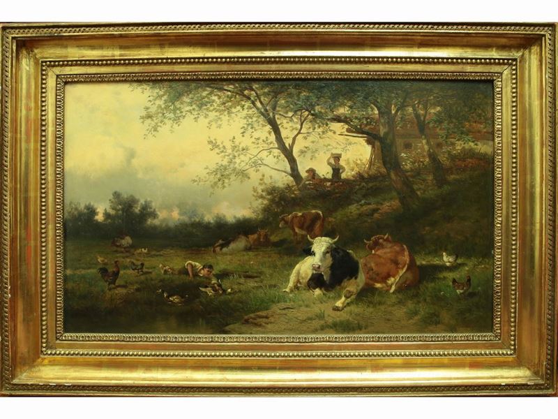Conrad Buhlmayer - Scena di Campagna con Animali e Personaggi, 1872