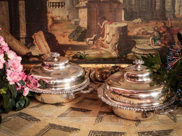 Pair of silver-plated copper chafing dishes