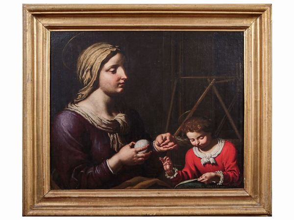 Scuola bolognese del XVII secolo - La Madonna bambina cuce assistita da Sant'Anna