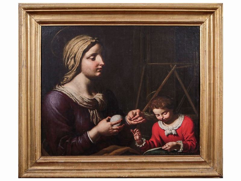 Scuola Bolognese del XVII Secolo - La Madonna Bambina Cuce Assistita da Sant'anna
