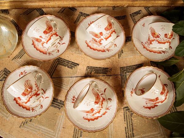 Serie di dieci tazzine da caffè in porcellana, Galletti rossi, Richard Ginori