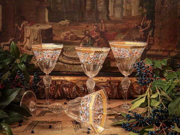 Series of twelve goblets in blown glass, Murano  (20th century)  - Auction Furniture and Paintings from the Gamberaia Castle in Florence - Maison Bibelot - Casa d'Aste Firenze - Milano