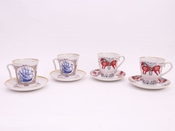 Two sets of porcelain chocolate cups, Lomonosov Imperial Porcelain Factory