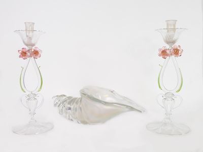 Coppia di Candelieri e una Conchiglia in Vetro di Murano