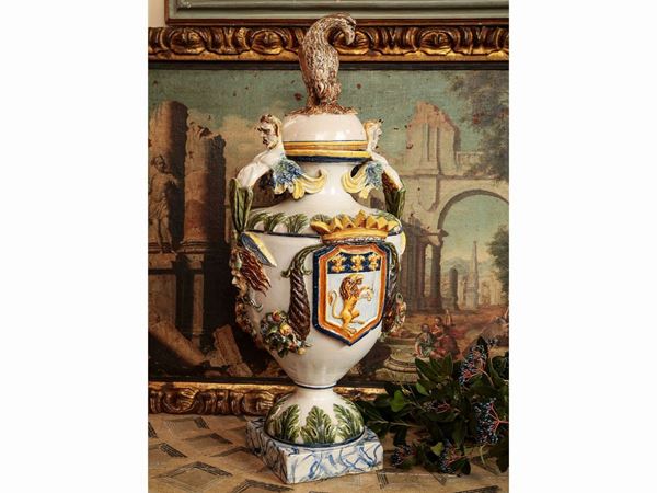 Grande vaso potiches in terracotta invetriata, probabilmente Faenza