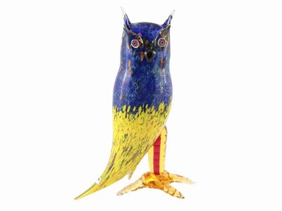 Scultura Raffigurante un Gufo in Vetro Soffiato Bicolore Giallo e Blu