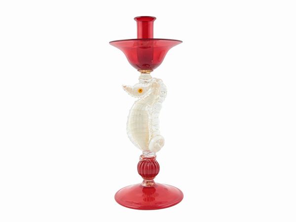 Red glass candlestick  (Murano, second half of the 20th century.)  - Auction Furniture and Paintings from the Gamberaia Castle in Florence - Maison Bibelot - Casa d'Aste Firenze - Milano