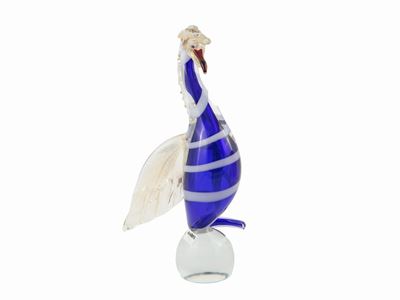 Figura di Volatile in Vetro Soffiato Blu con Strisce in Lattimo