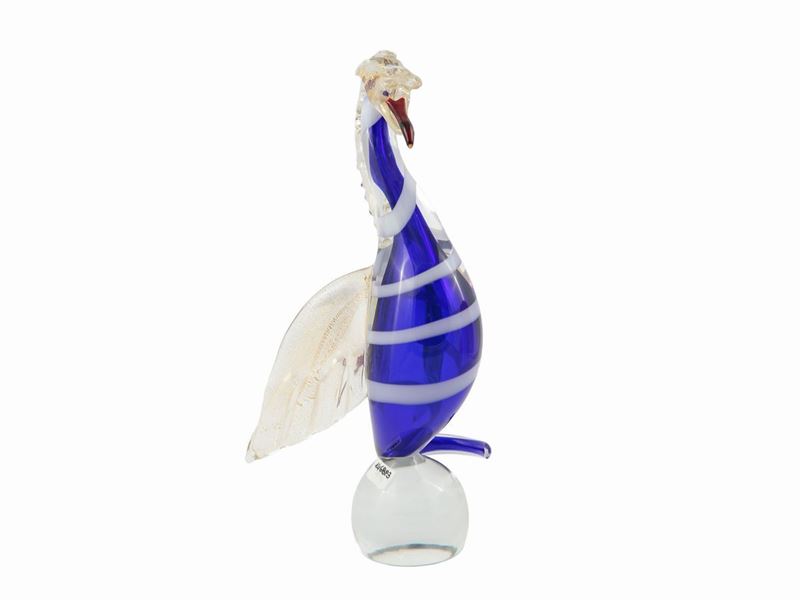 Figura di Volatile in Vetro Soffiato Blu con Strisce in Lattimo