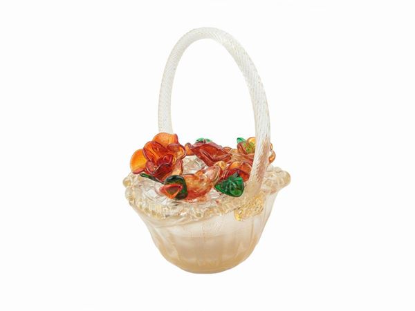 Transparent blown glass basket with aventurine inclusions