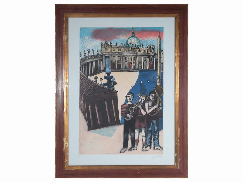Franco Gentilini - Veduta del Vaticano con Personaggi