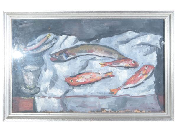 Orfeo Tamburi : Natura morta con pesci  - Asta La collezione Bucciarelli: dipinti, grafiche, edizioni d'artista - Maison Bibelot - Casa d'Aste Firenze - Milano