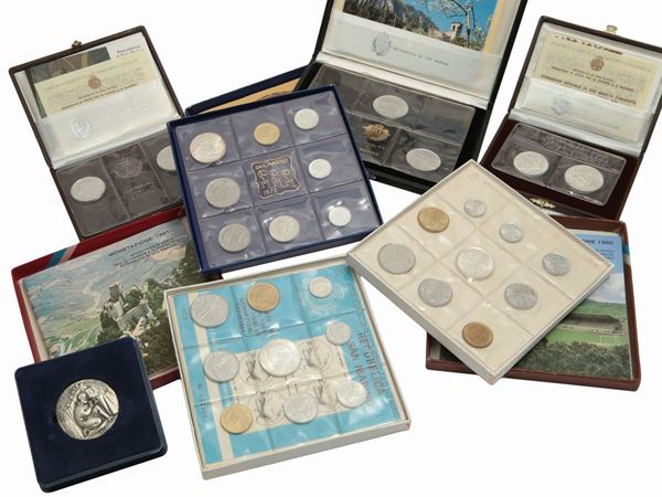 Two diptychs, a triptych of coins and a silver medal with three series in various metal alloys