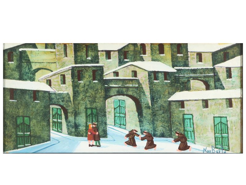 Norberto Proietti - Paesaggio Innevato con Personaggi e Frati