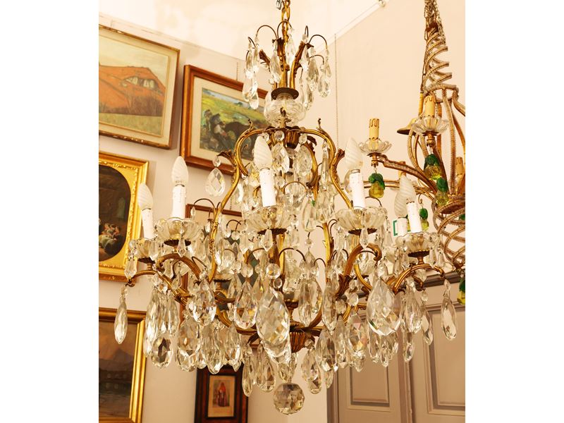 Lampadario a Paniere in Metallo Dorato, Cristallo e Vetro
