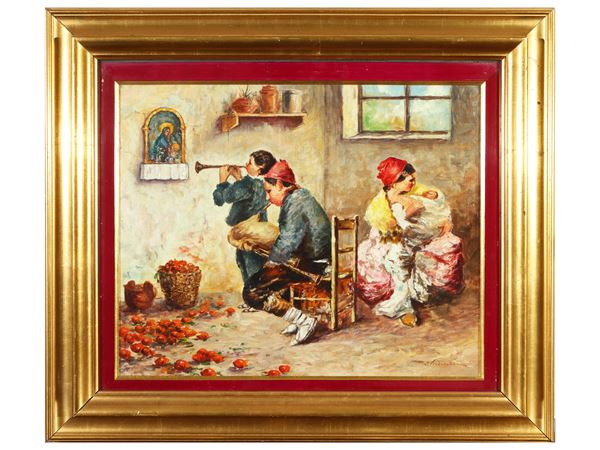 Glimpse of the interior with musicians and woman with child  (20th century)  - Auction The art of furnishing - Maison Bibelot - Casa d'Aste Firenze - Milano