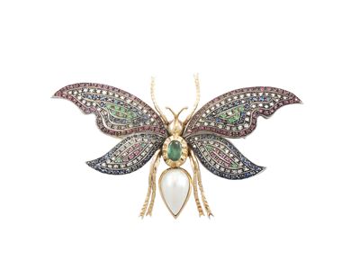 Spilla Animalier in Oro Rosa 500/1000 e Argento con Diamanti, Rubini, Zaffiri, Smeraldi e Perla M...