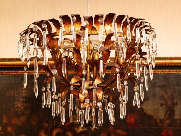 Series of three ceiling lamps in gilded metal and crystal