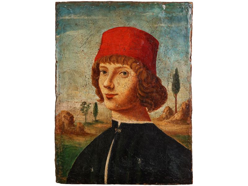 Maniera della Pittura Fiorentina del XV Secolo - Ritratto di Giovane con Berretto Rosso