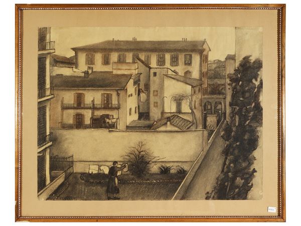 Fillide Levasti : Cortile con donna che stende i panni 1936-1937 circa  - Asta Arte Moderna e Contemporanea - Maison Bibelot - Casa d'Aste Firenze - Milano