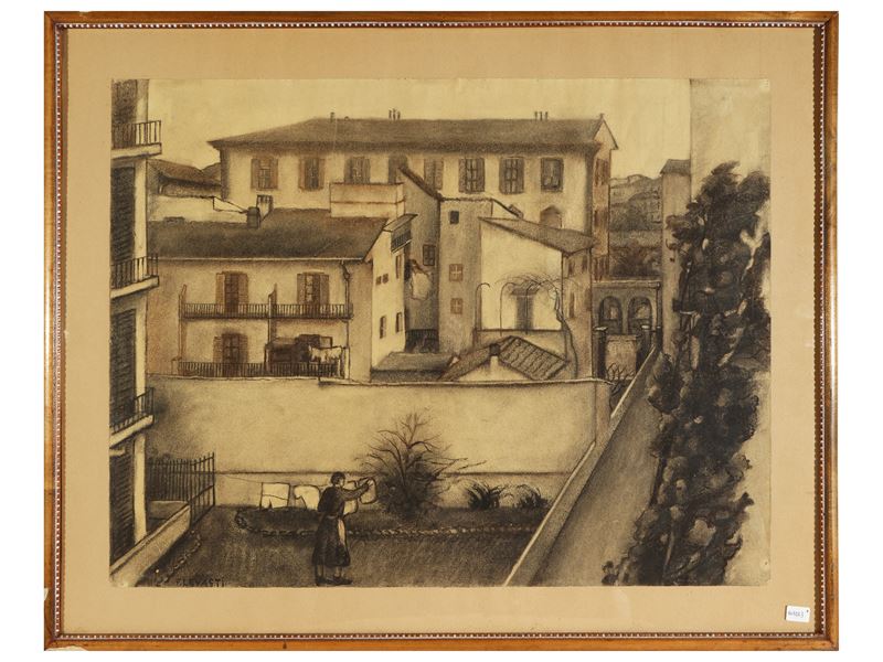 Fillide Levasti - Cortile con Donna che Stende i Panni 1936-1937 Circa
