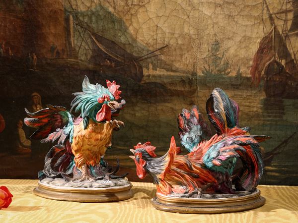 Pair of large groups in polychrome biscuit, Capodimonte Nove