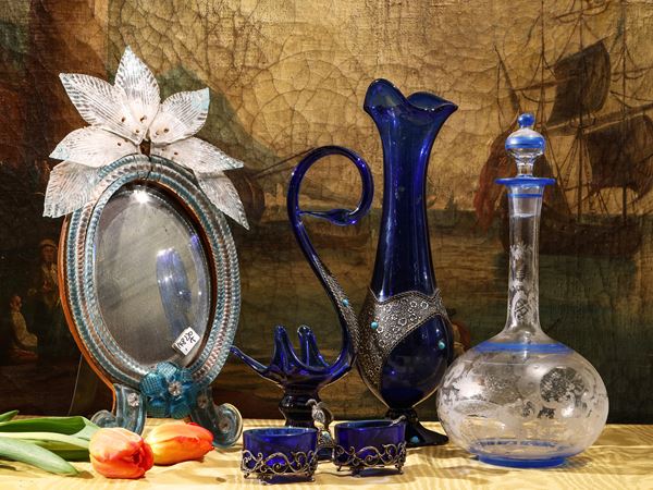 Lot of glass curios in shades of blue