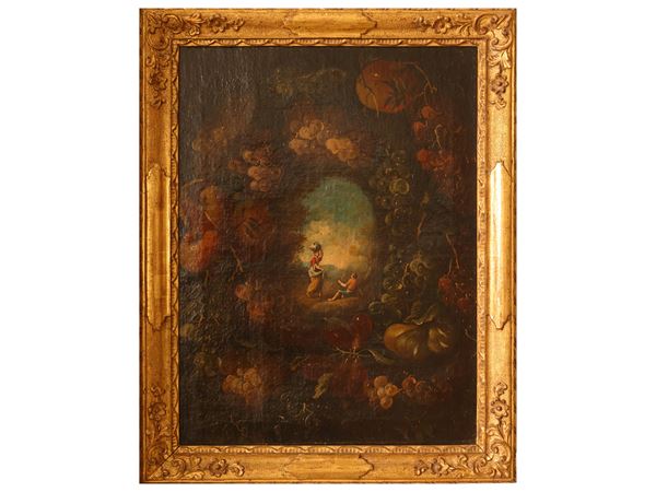 Scuola romana - Garlands of flowers and fruit with pastoral scenes