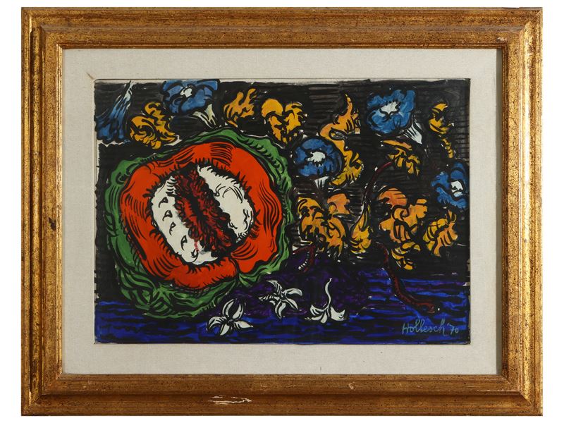 Carlo Hollesch - Natura Barocca Zucca e Campanule Blu Fondo Scuro 1970