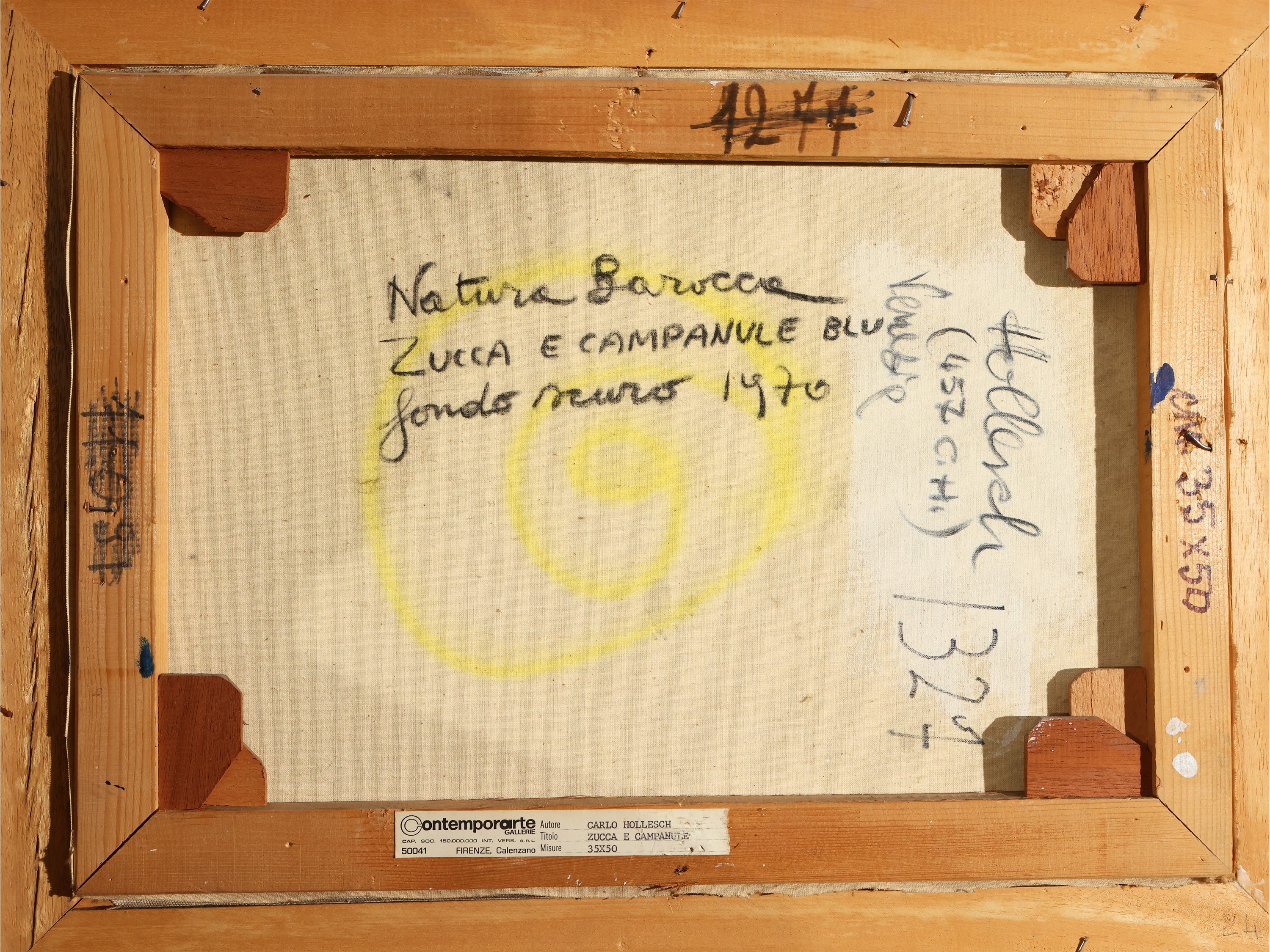 Carlo Hollesch - Natura Barocca Zucca e Campanule Blu Fondo Scuro 1970
