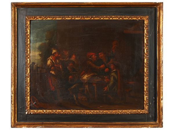 Scuola olandese del XVIII secolo - Cena di contadini con suonatore di liuto
