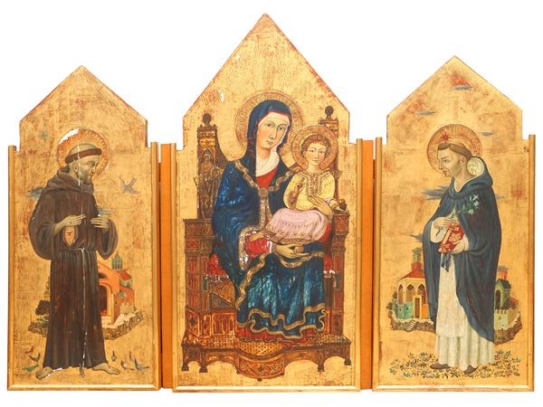 Maniera della pittura gotica - Trittico raffigurante Madonna con Bambino in trono con i Santi Francesco e Domenico di Guzman
