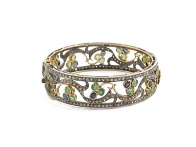 Bracciale Rigido in Oro Giallo e Argento con Diamanti, Zaffiri e Smeraldi