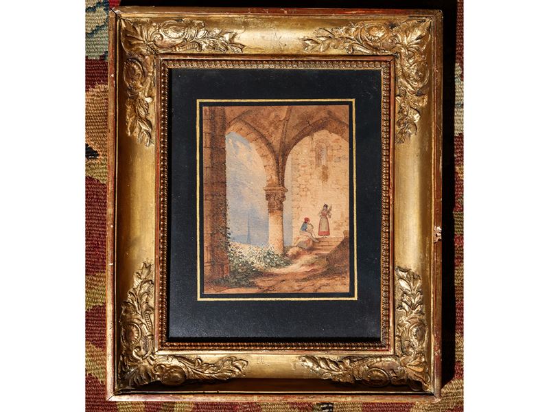 Scuola Napoletana del XIX Secolo - Scorcio Architettonico con Personaggi