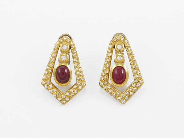 Yellow gold pendant earrings with diamonds and rubies