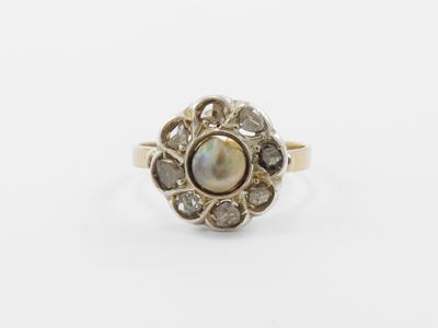 Anello in Oro Giallo a Basso Titolo e Argento con Diamanti e Perla