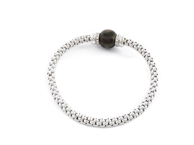 Bracciale Flessibile Fope in Oro Bianco con Diamanti e Perla Coltivata Tahiti