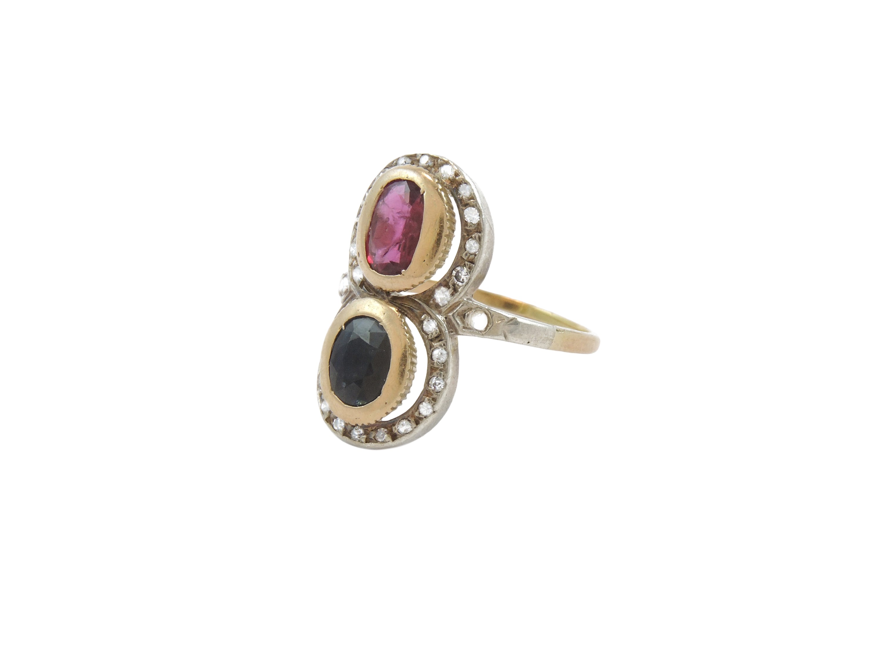 Anello in Oro Giallo a Basso Titolo e Argento con Diamanti, Rubino e Zaffiro