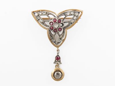 Spilla Pendente in Oro Rosa a Basso Titolo e Argento con Diamanti e Rubini