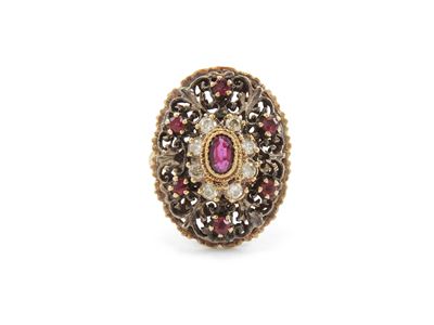 Anello in Oro Giallo e Argento con Diamanti e Rubini