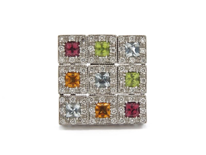 Anello in Oro Bianco con Diamant e Gemme Multicolor