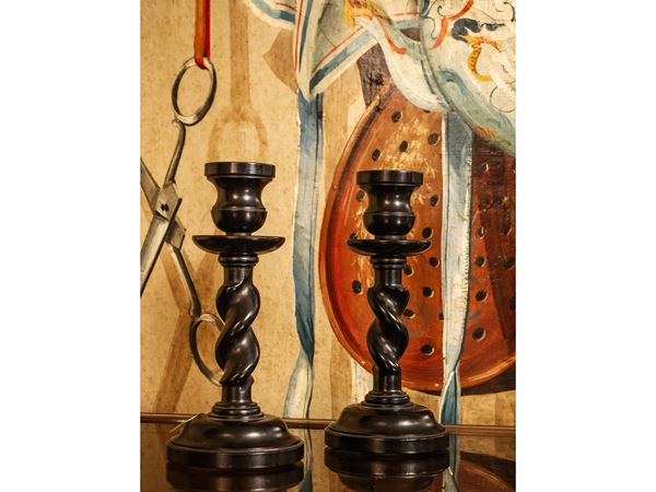 Pair of small candlesticks in ebony, Parenti Florence