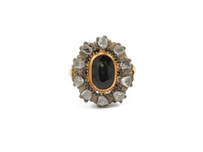 Anello in Oro Giallo e Argento con Diamanti e Zaffiro