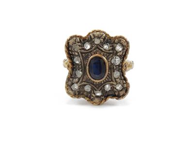Anello in Oro Giallo e Argento con Diamant e Zaffiro