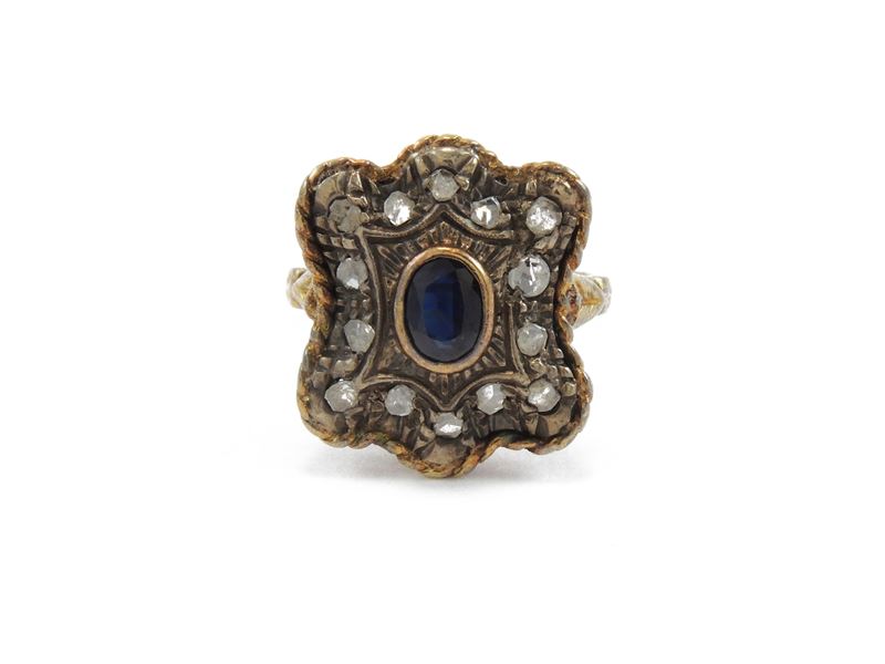 Anello in Oro Giallo e Argento con Diamant e Zaffiro